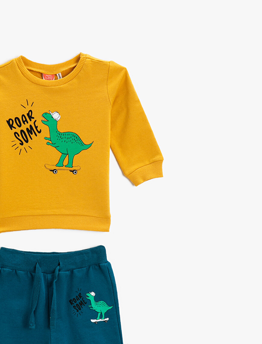 Dinozor Baskılı Sweatshirt Belden Bağlamalı Jogger Eşofman Altı Set Pamuklu