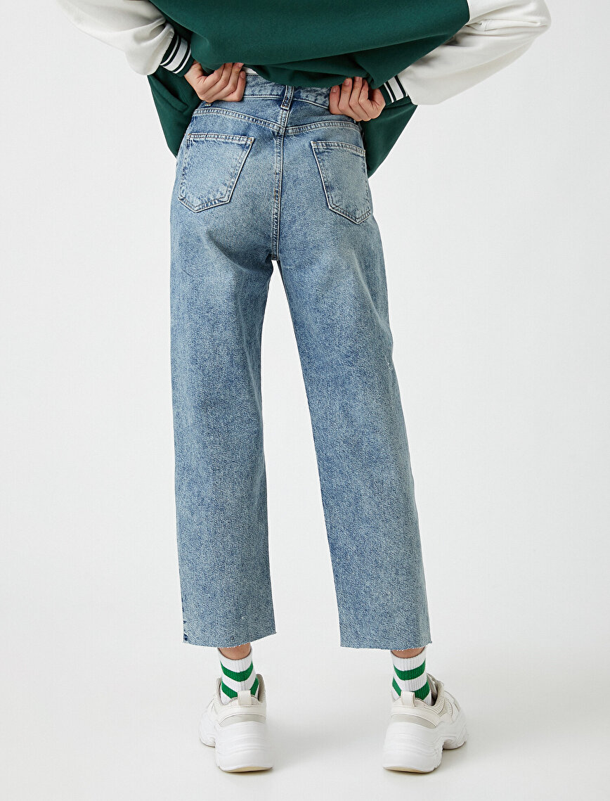 Yüksek Bel Dizi Yırtık Kot Pantolon - Straight Jean