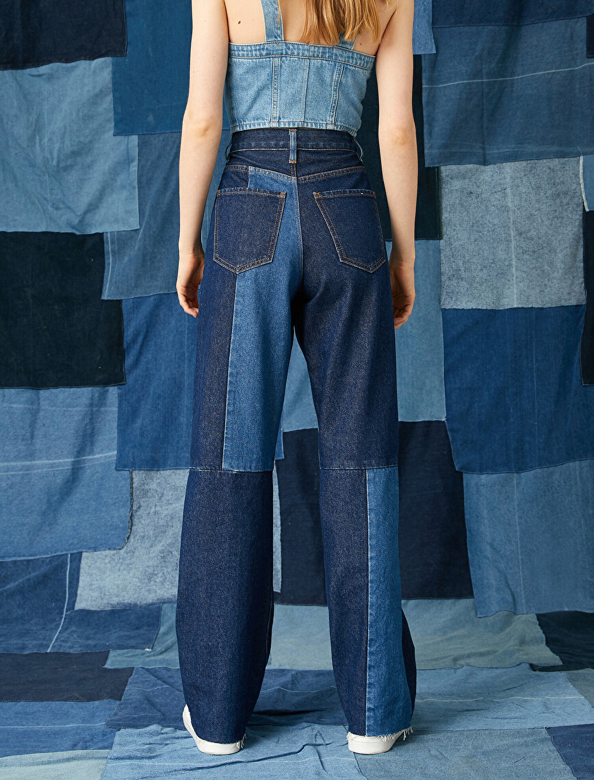 Renk Bloklu Kot Pantolon - Straight Jean