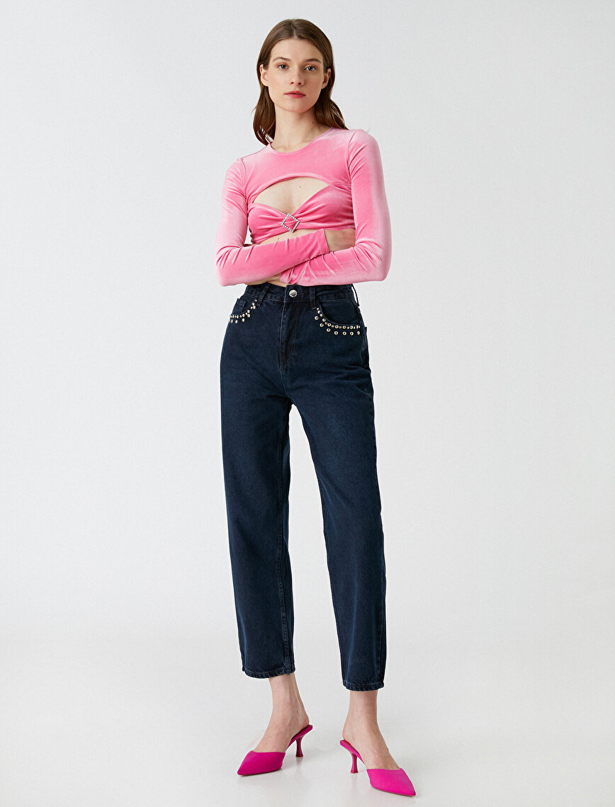 Pul Detaylı Yüksek Bel Kot Pantolon - Straight Fit Eve Jean