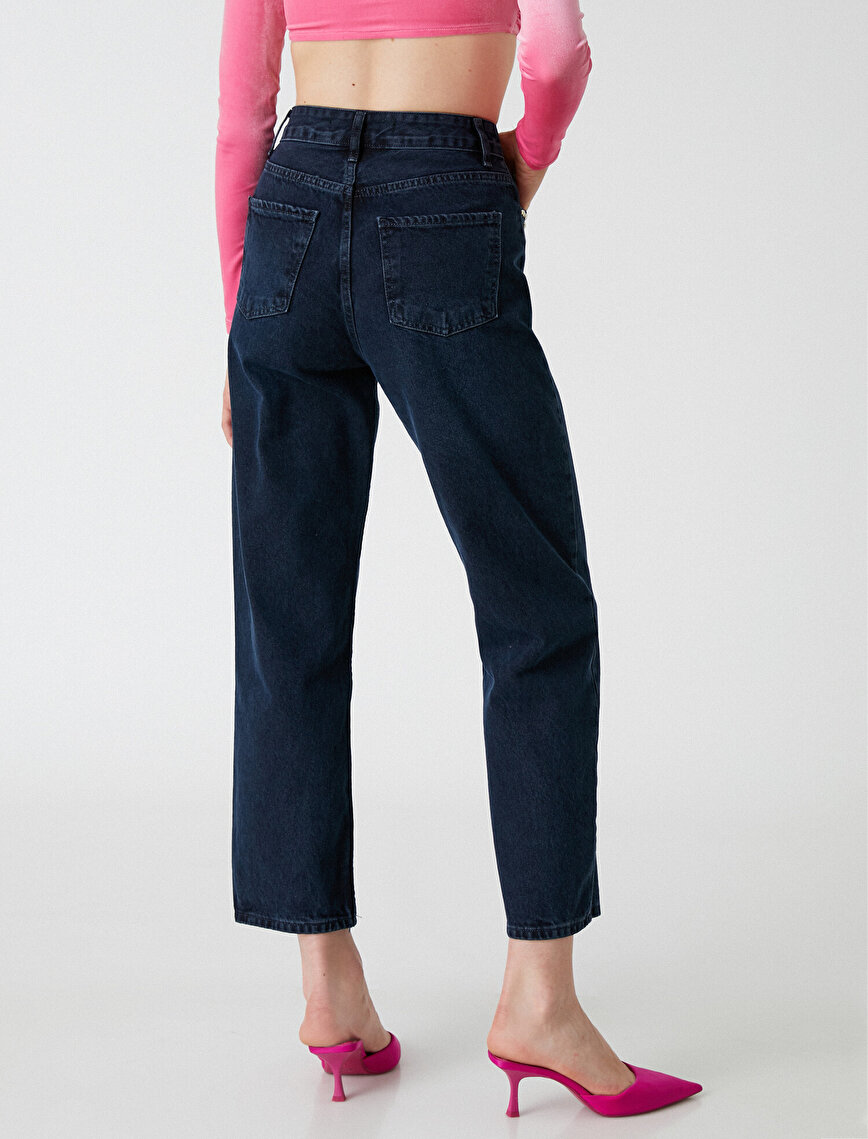 Pul Detaylı Yüksek Bel Kot Pantolon - Straight Fit Eve Jean
