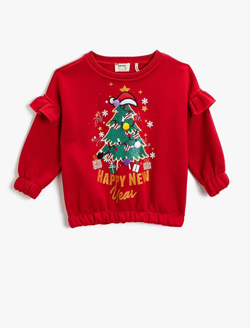 Christmas Tree Printed Sweatshirt Pom Pom Frilled Sleeve