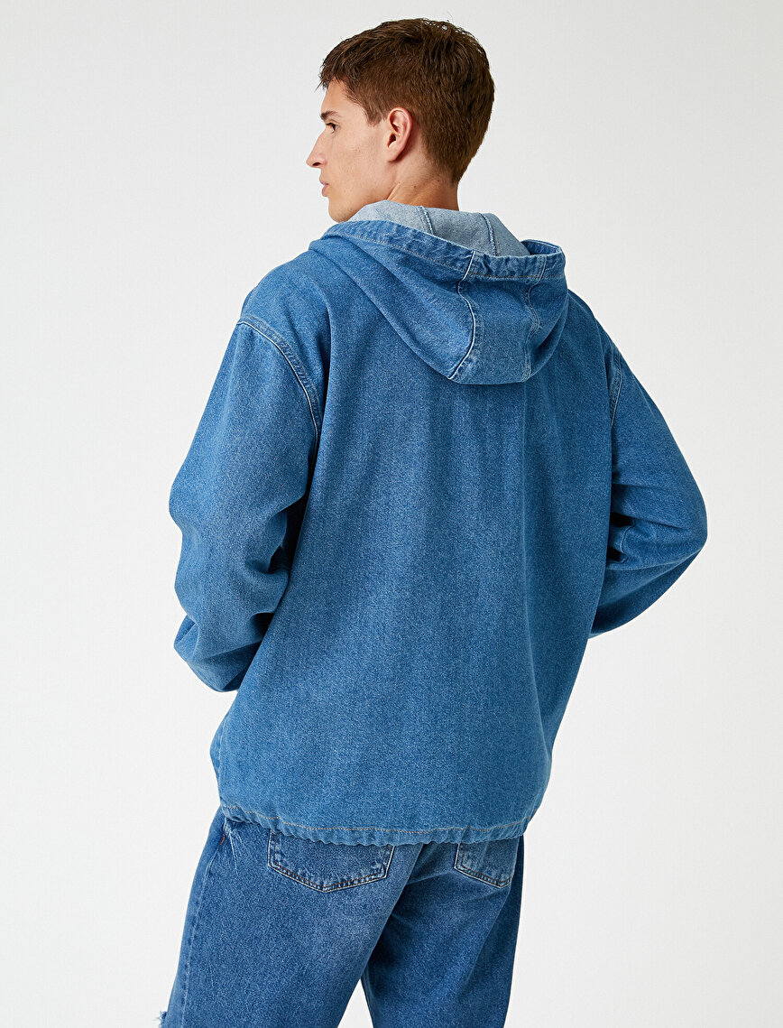 Hooded Jean Jacket Half-Zipped Pocket 
