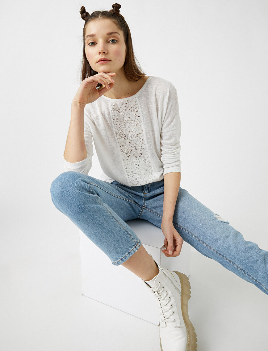 Crew Neck Long Sleeve Lace Detailed Blouse