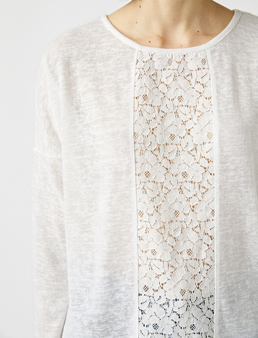 Crew Neck Long Sleeve Lace Detailed Blouse