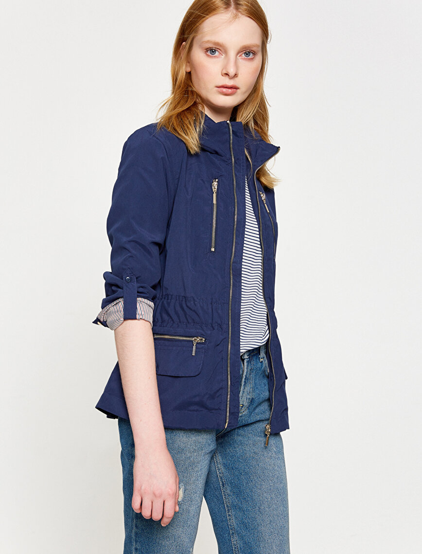 Lacivert Bayan Mevsimlik Fermuar Detaylı Şişme Mont