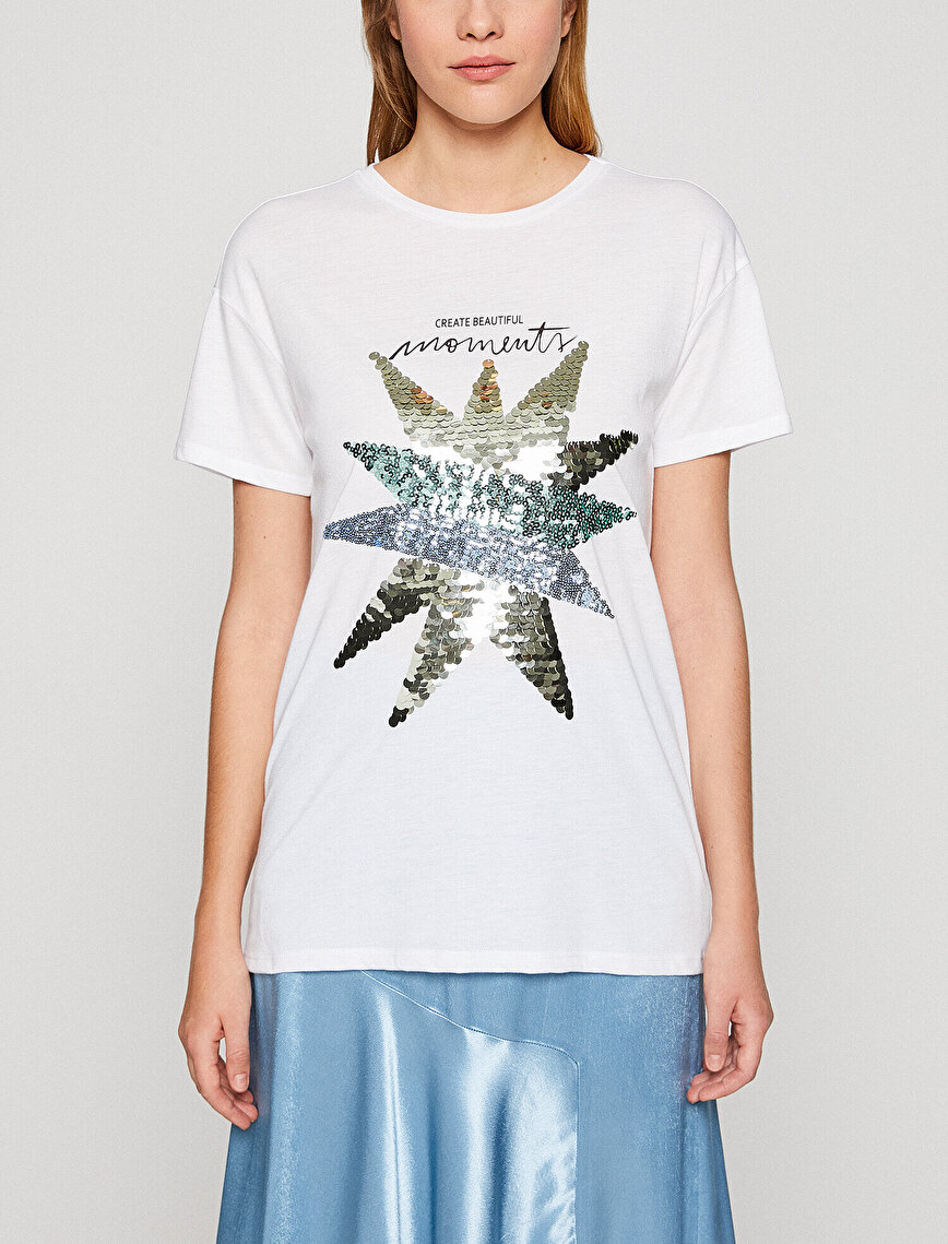 White Women Sequin Detailed T-Shirt 8YAK13087EK000 | Koton