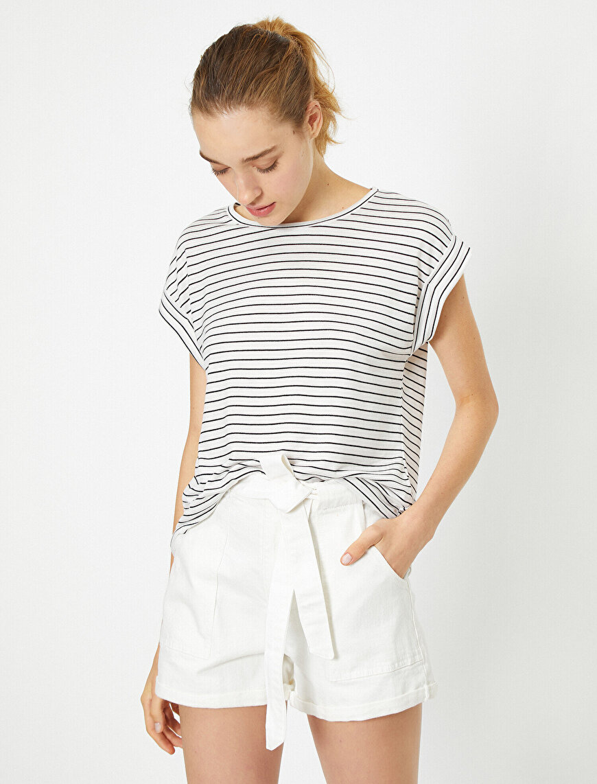 Bisiklet Yaka Kısa Kollu Çizgili Antibakteriyel Tişört