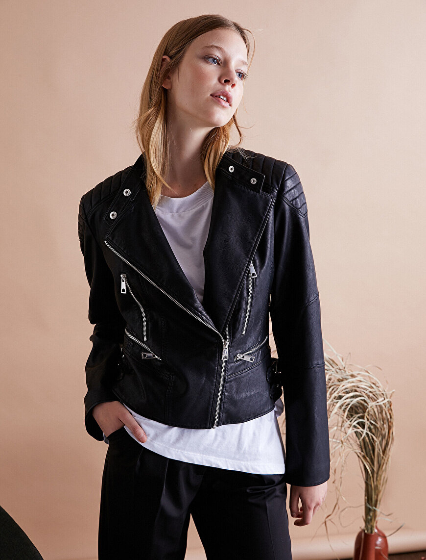 Suni Deri Fermuar Detaylı Ceket