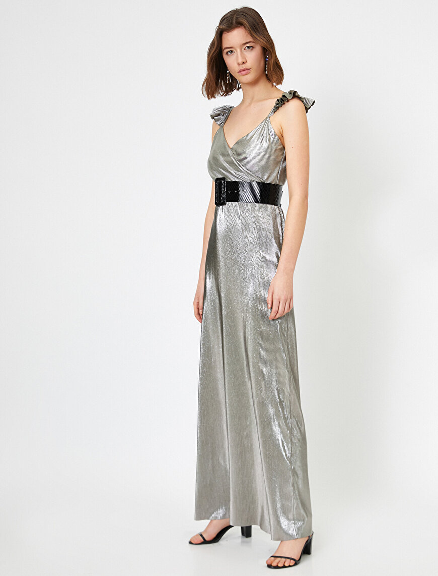 Metalik Elbise Abiye Pileli Fırfır Detaylı Kruvaze Uzun