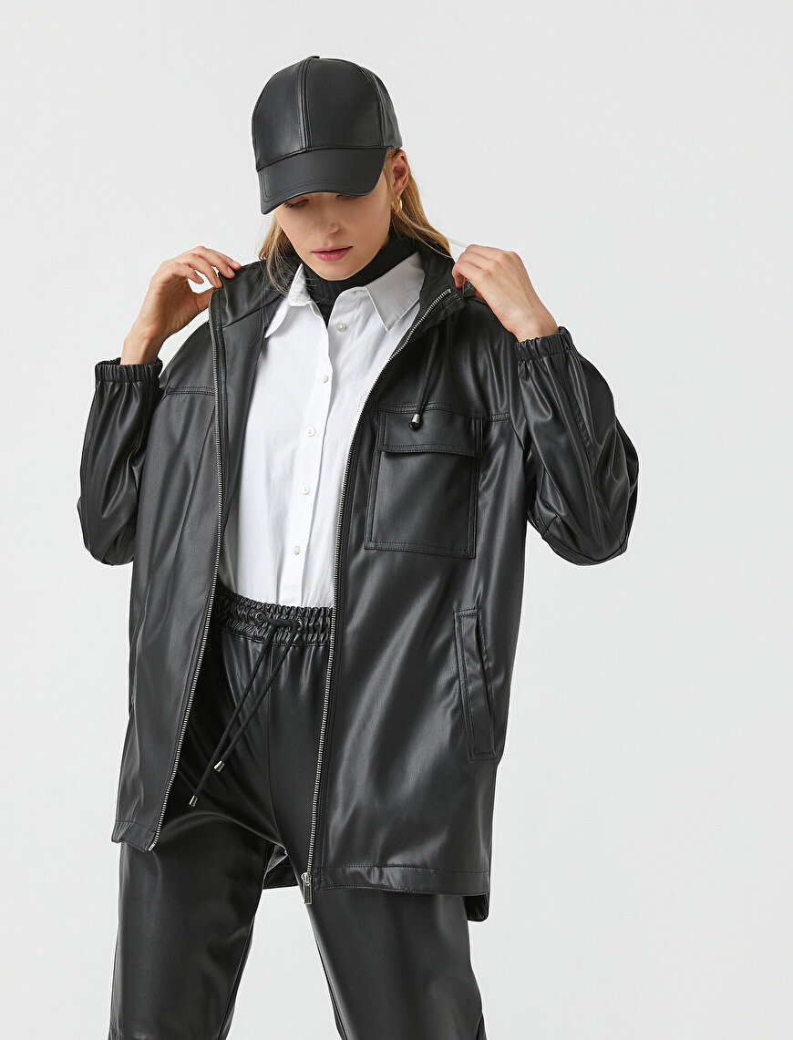 Faux Leather Hooded Raincoat